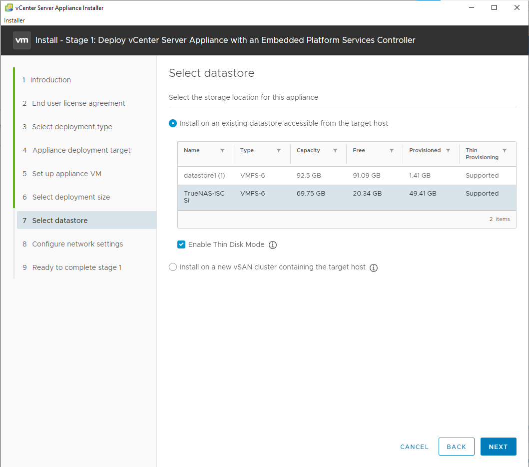 Select Datastore and Enable Thin Mode