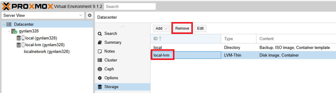 Removing local-lvm from Storage menu