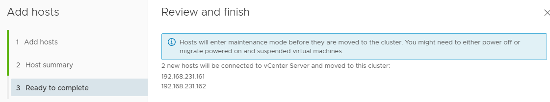 Review and Finish screen for adding hosts