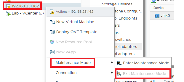 Context menu action: Exiting Maintenance Mode