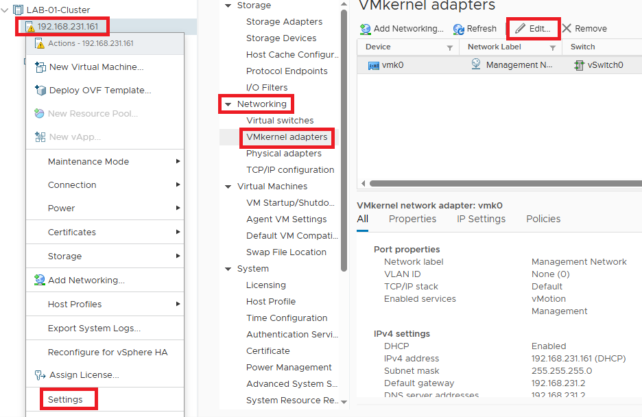 VMkernel Adapter Settings: Enabling the vMotion checkbox