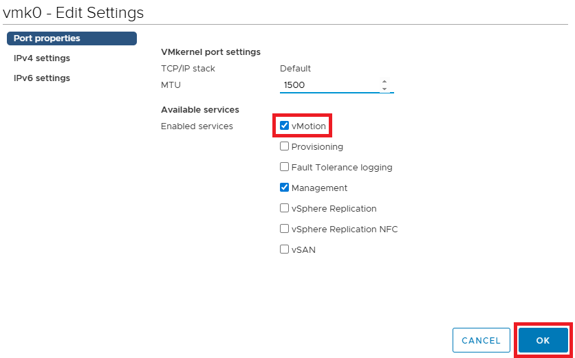 VMkernel Adapter Settings: Enabling the vMotion checkbox