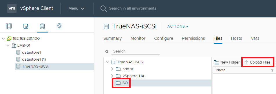 Uploading ISO file to TrueNAS Shared Datastore