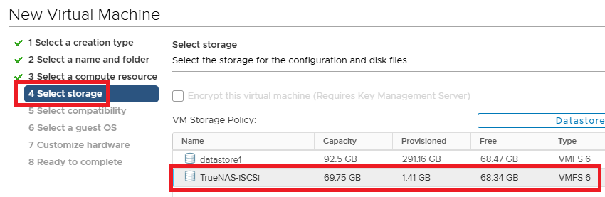New VM Wizard: Selecting Shared Storage (TrueNAS-iSCSI)