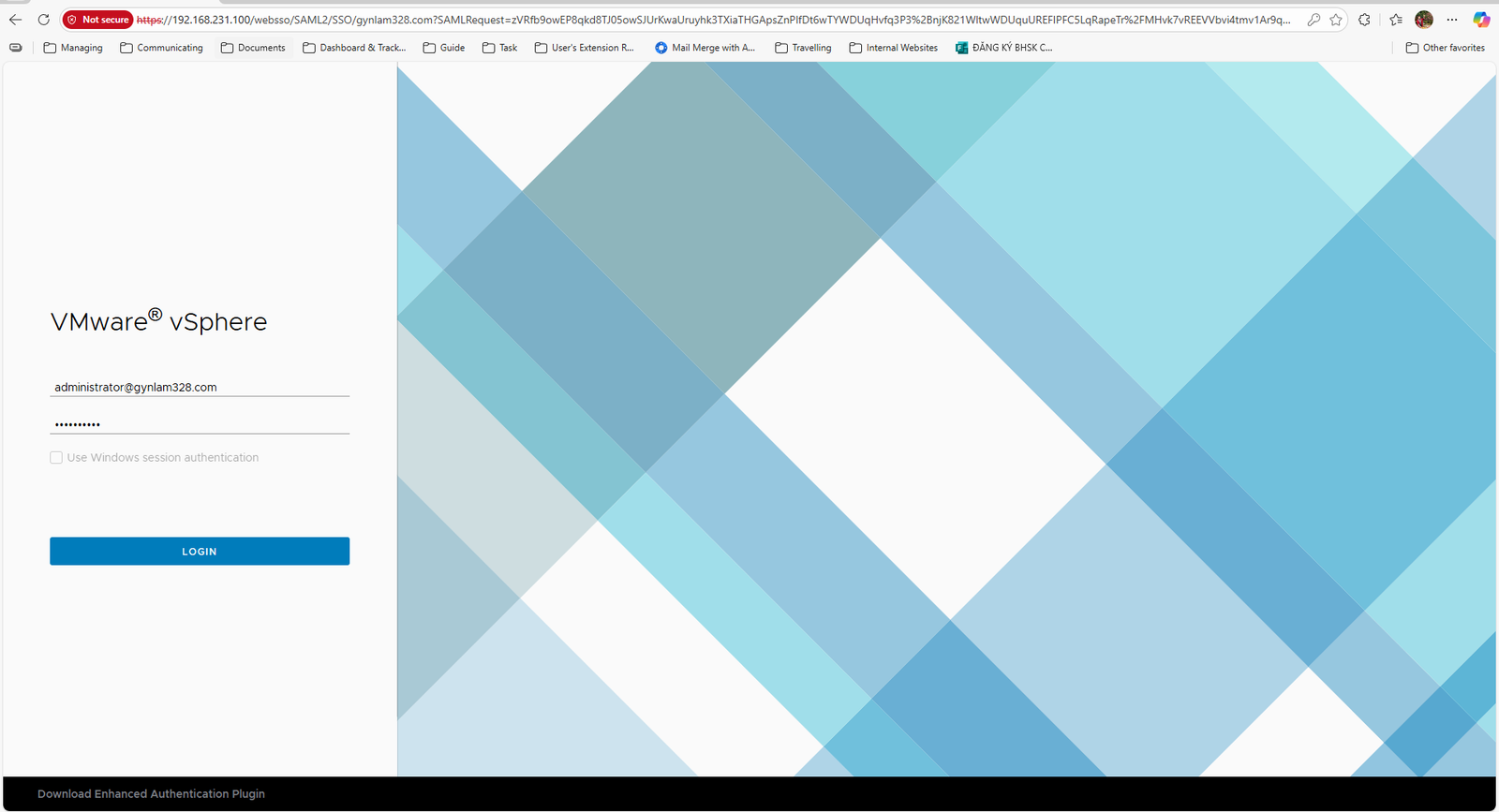 VMware vSphere Login Screen with username and password fields