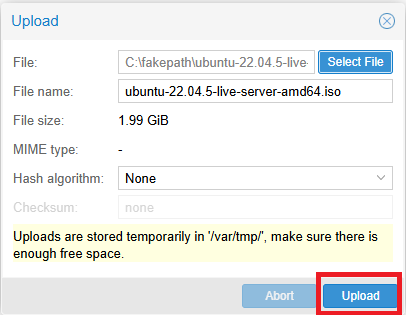 Uploading ISO file dialog