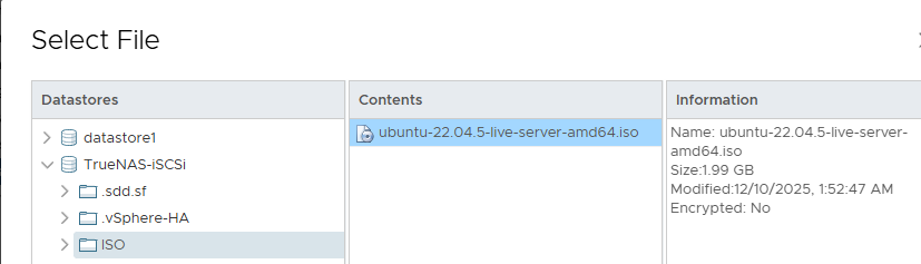 New VM Wizard: Selecting Shared Storage (TrueNAS-iSCSI)