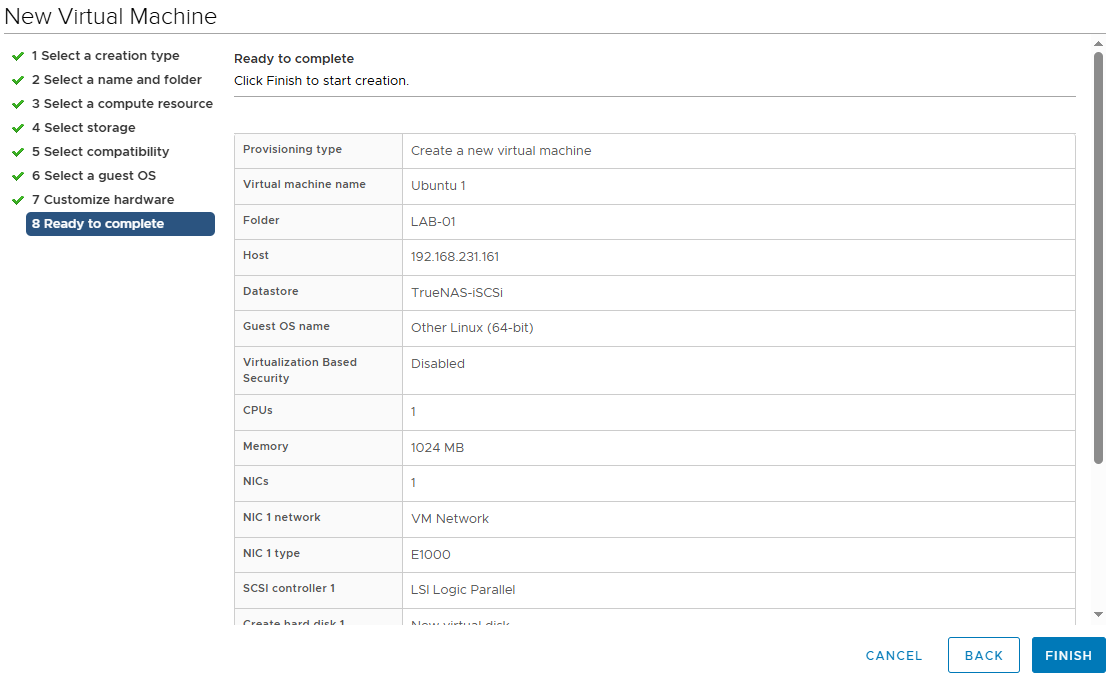 New VM Wizard: Selecting Shared Storage (TrueNAS-iSCSI)