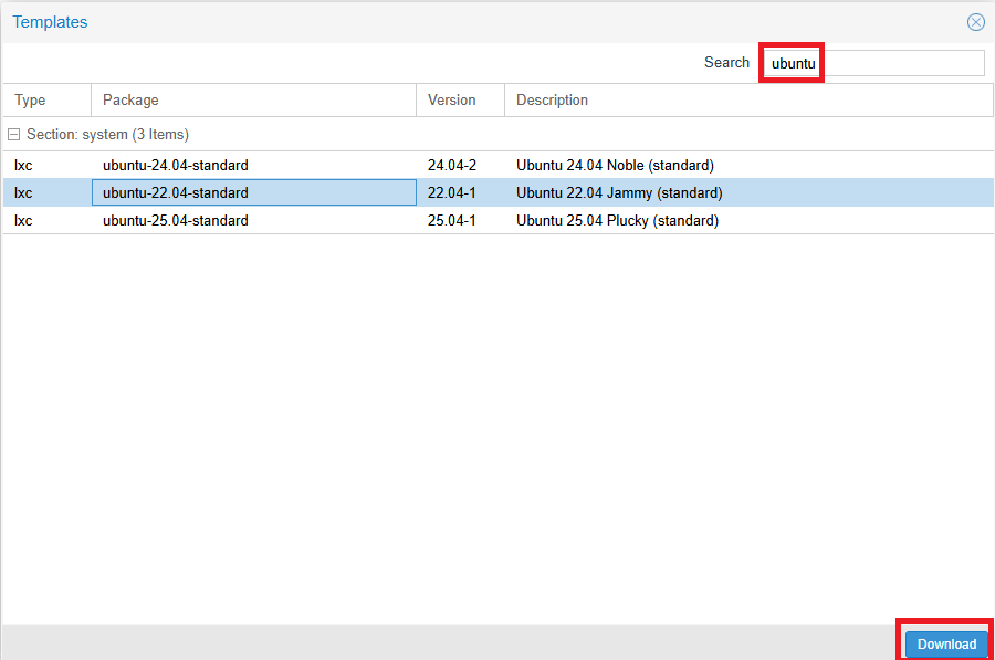 Searching and downloading Ubuntu template