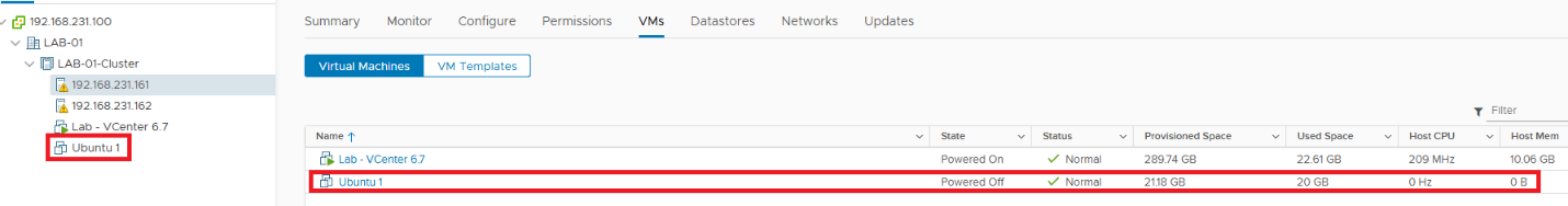 VM Creation Summary: Ubuntu 1 created on Shared Storage