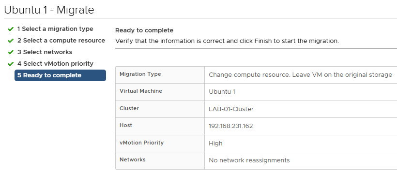 vMotion Migration Wizard: Selecting destination host