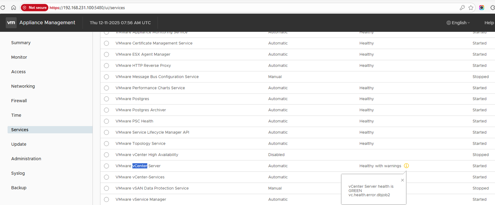 VAMI Services: Checking vCenter Server service health