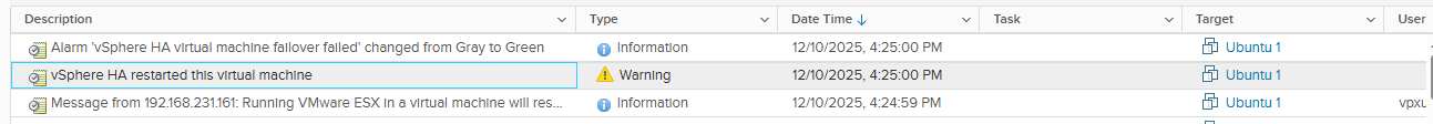 vCenter Events Log: vSphere HA restarted virtual machine event