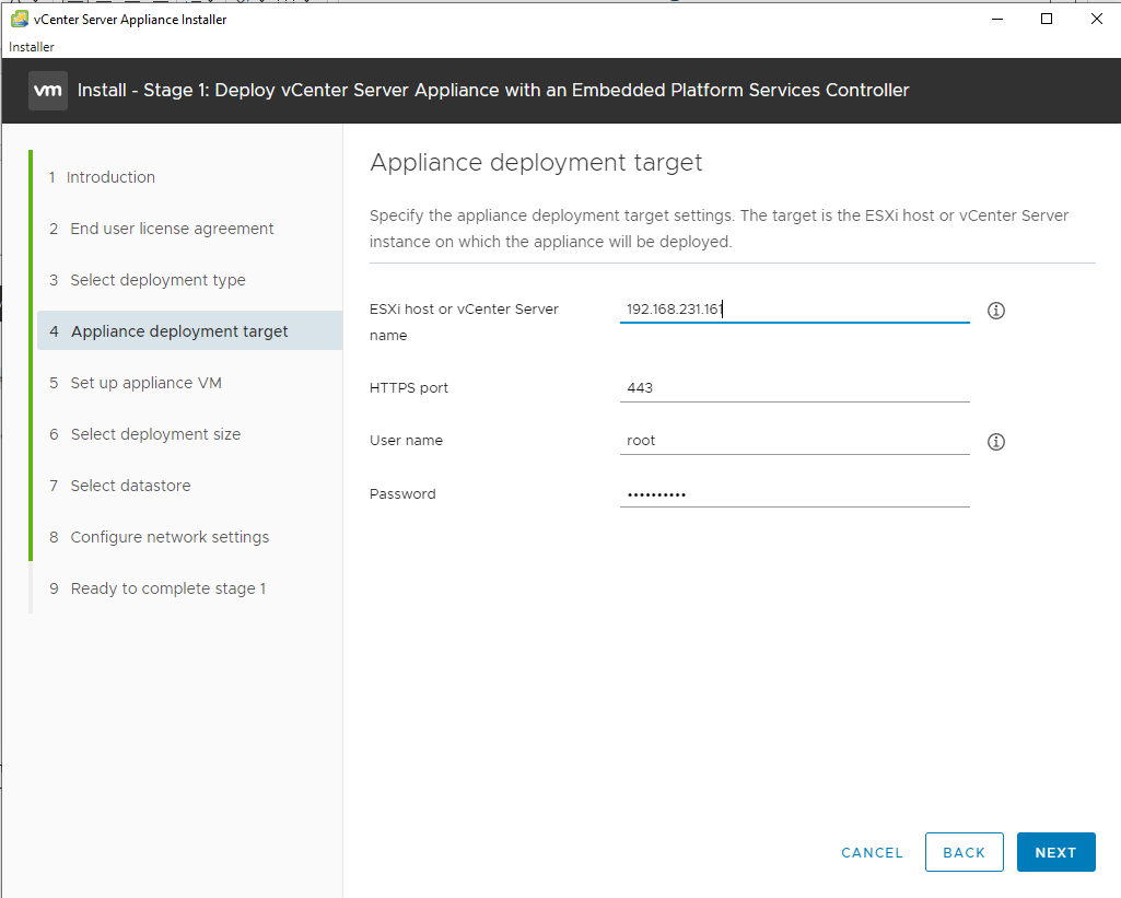 Enter ESXi Target Details