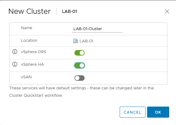 New Cluster Setup: Enabling vSphere DRS and vSphere HA toggles