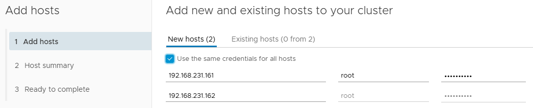 Add Hosts Wizard: Entering IP addresses and credentials