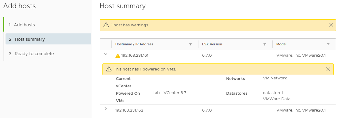 Host Summary Review showing ESXi versions and models
