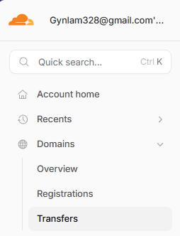 Cloudflare Dashboard left panel showing Domains and Transfers navigation option