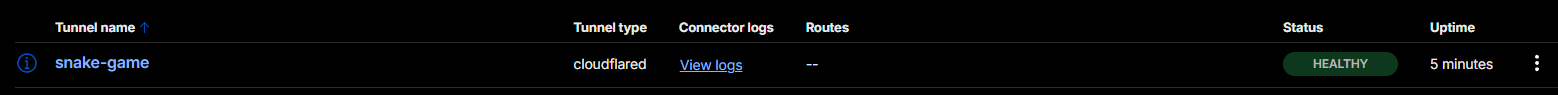 Cloudflare Dashboard showing tunnel status as HEALTHY with green indicator