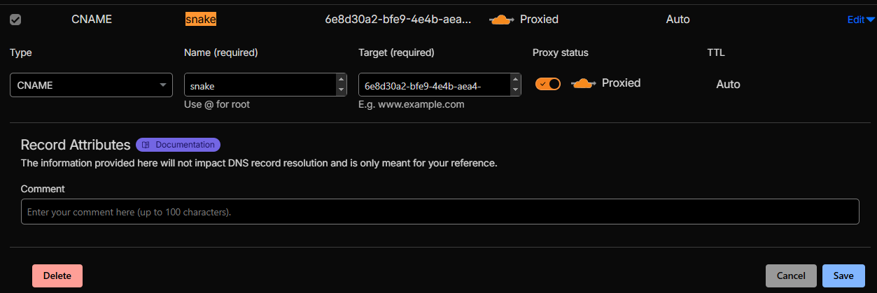 Deleting the stale CNAME record in Cloudflare DNS management interface