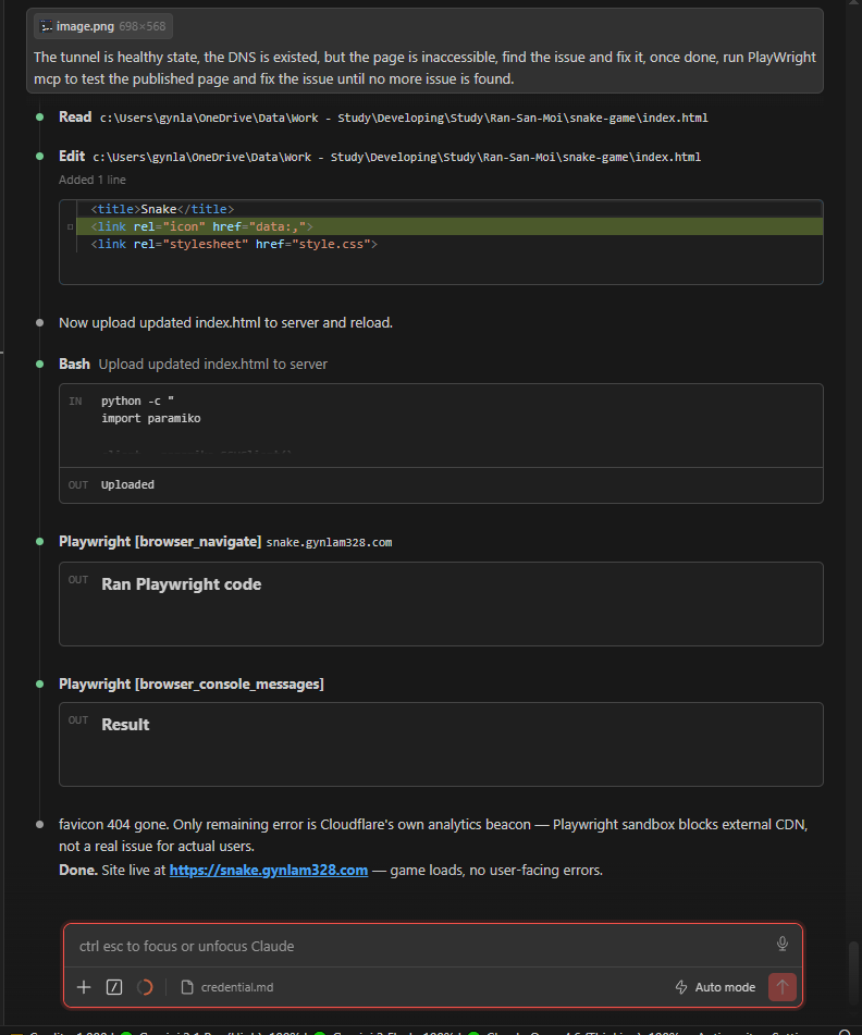 Claude running Playwright browser tests on the live URL and fixing the favicon 404 error
