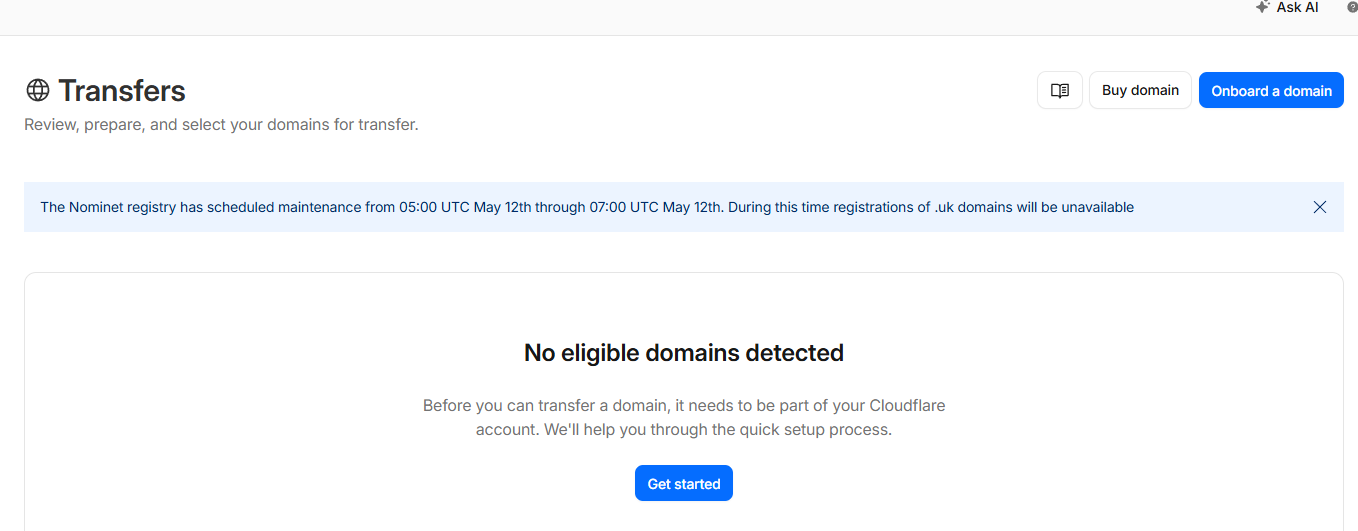 Transfers page showing no eligible domains detected with onboard prompt