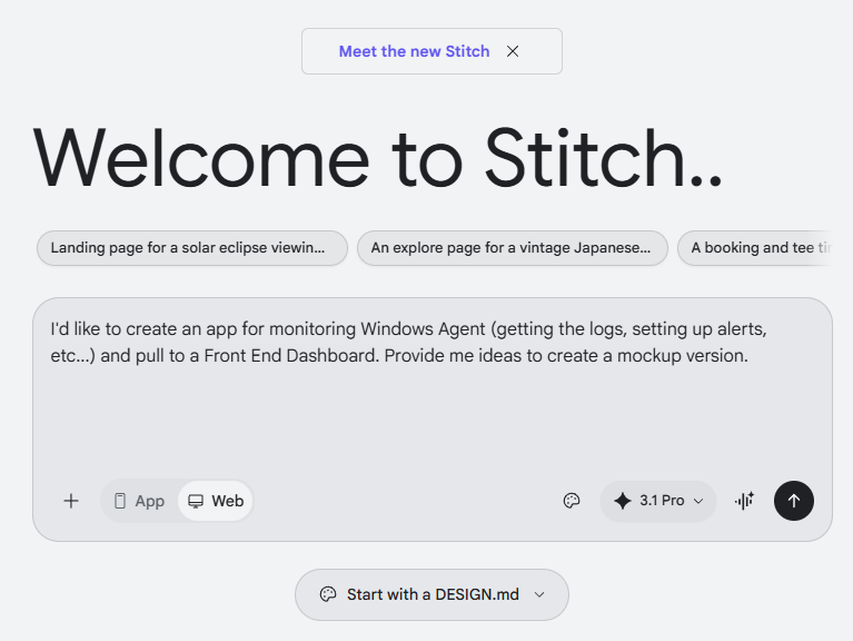 Screenshot of inputting a prompt into Google Stitch