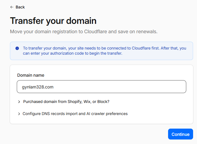 Transfer your domain page with domain name input field and Continue button