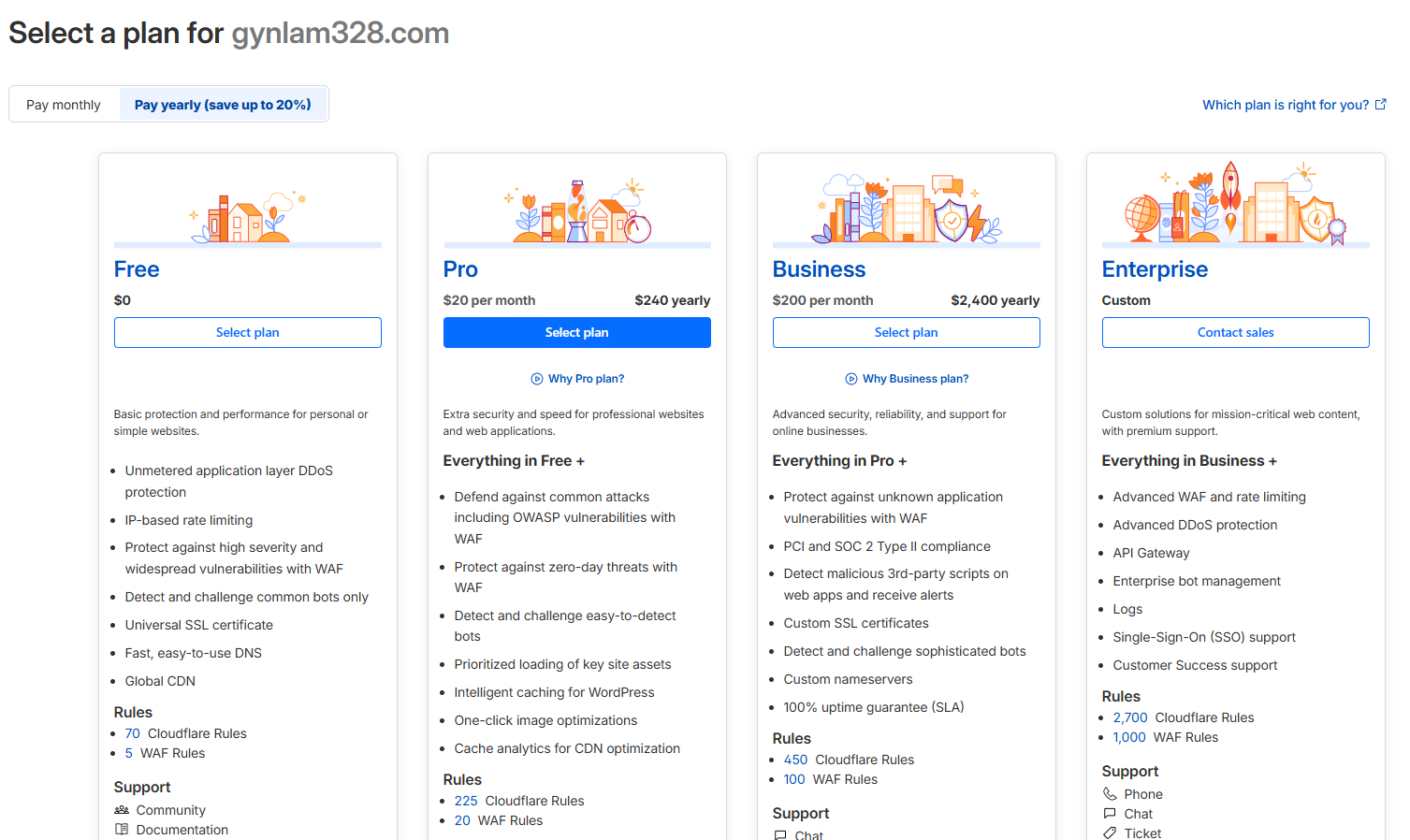 Select a plan page with Free Tier option highlighted and Select Plan button