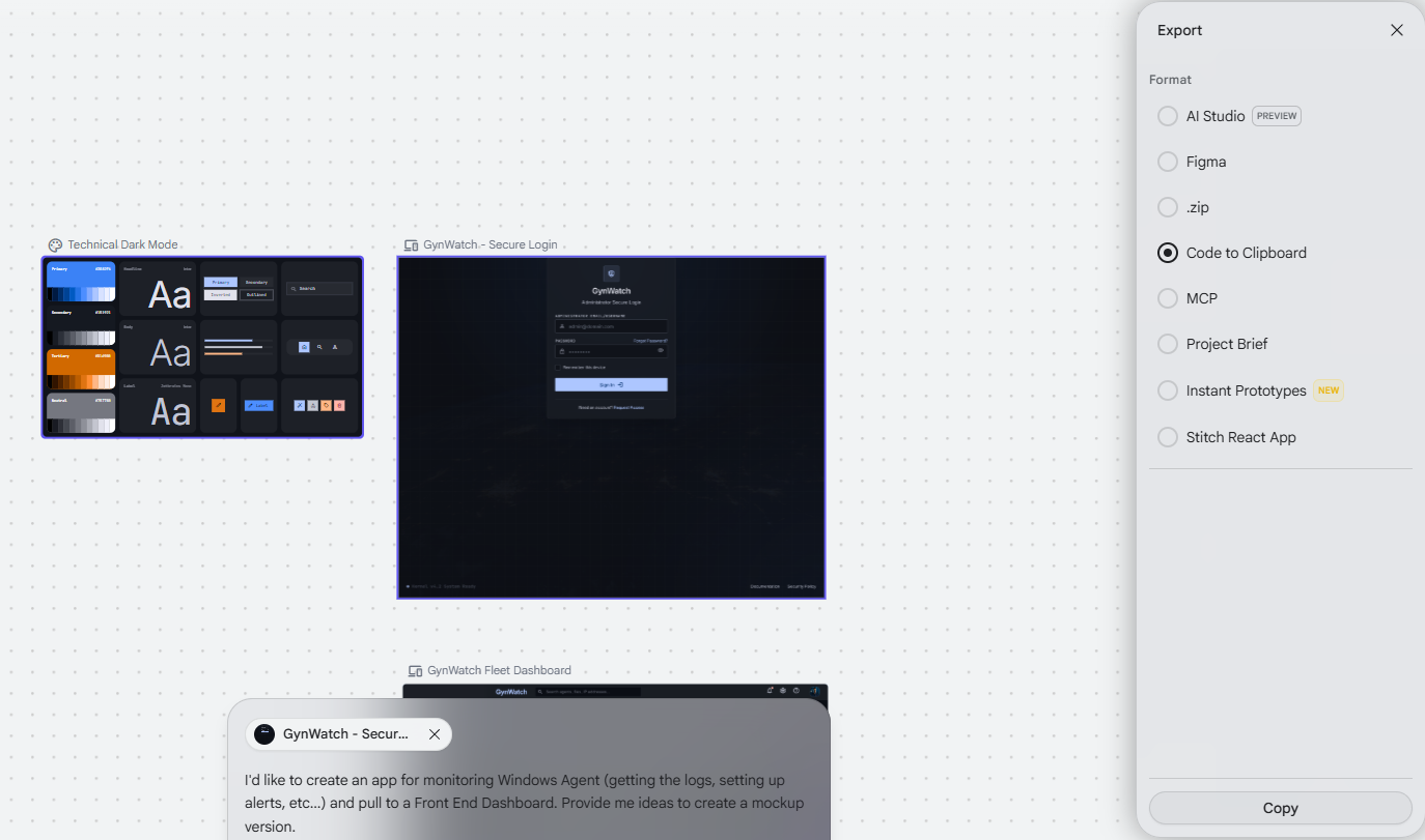 Screenshot of the Google Stitch export menu showing the Copy to Clipboard option