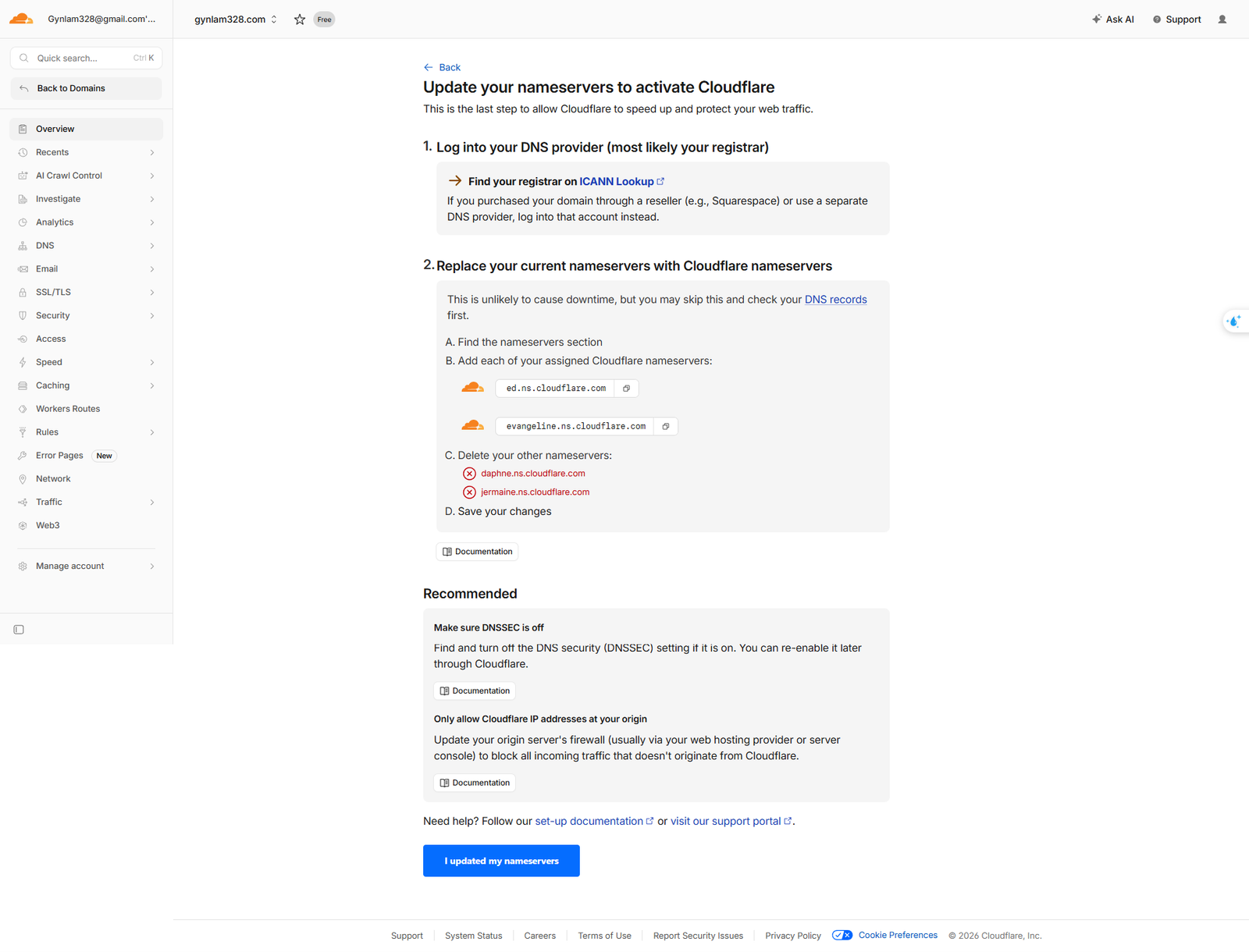 Update your nameservers page with instructions and I updated my nameservers confirmation button