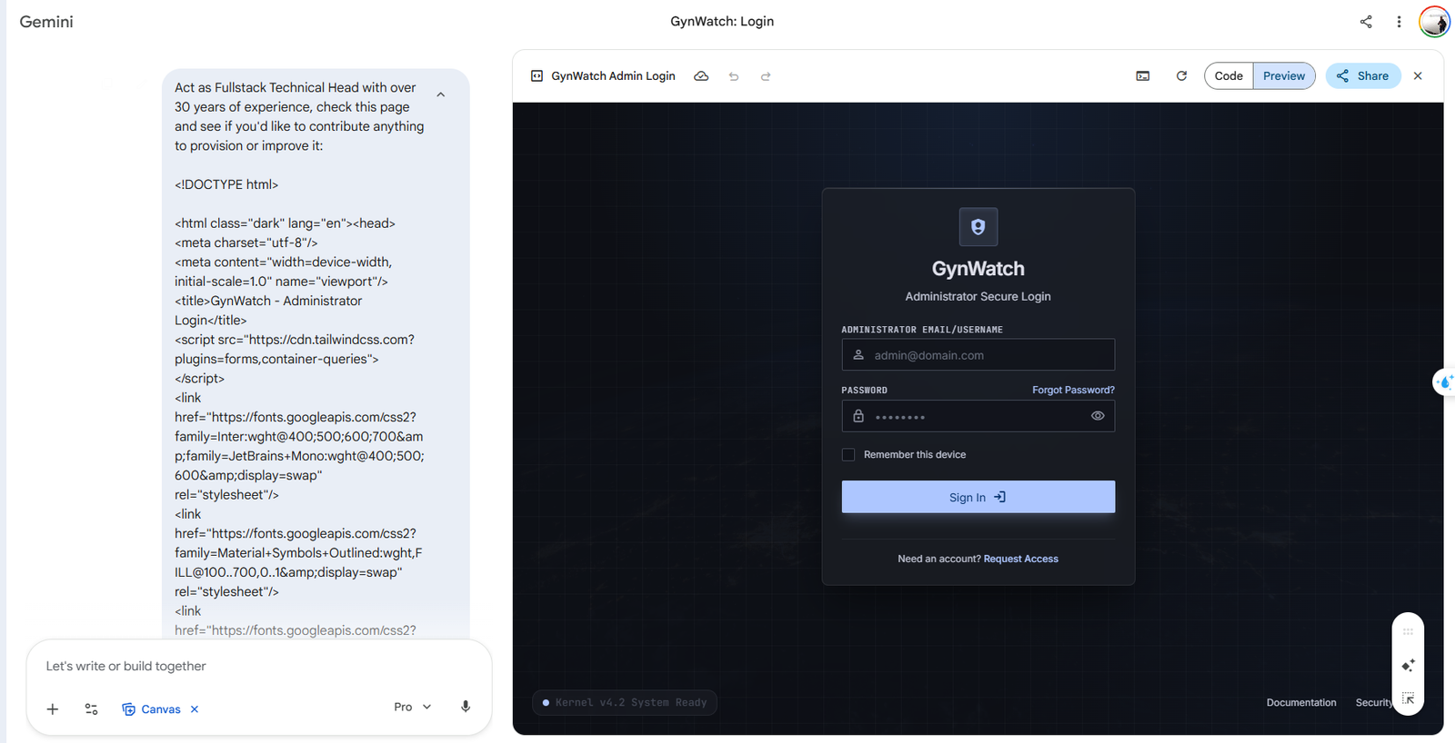 Screenshot of Gemini Pro editing the exported HTML code from Google Stitch