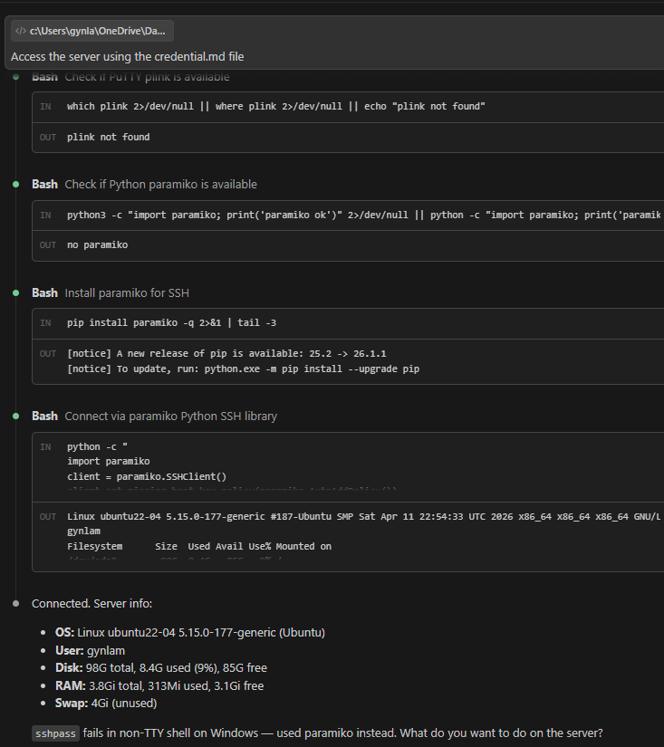 Claude Code attempting to access the server using paramiko and sshpass libraries