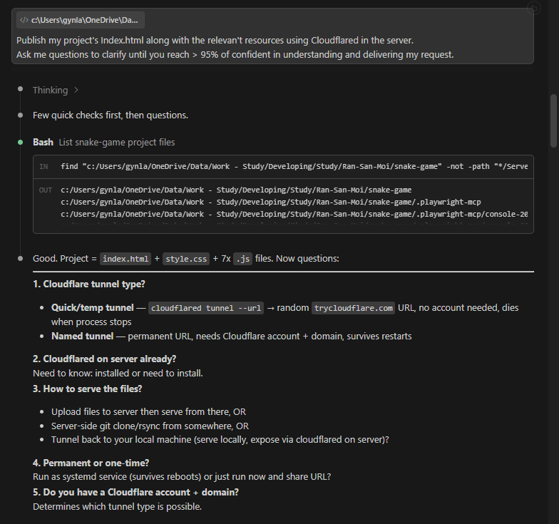 Claude assessing project files and asking deployment configuration questions before proceeding